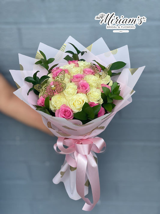 24 Pink And White Roses Bouquet