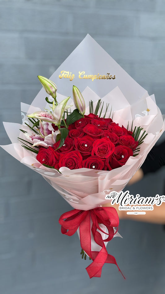 24 Red Roses & 1 Lily Wrapped